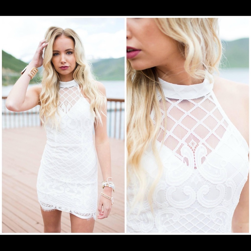 “Keeping Secrets” White Eyelash Lace Bodycon Dress